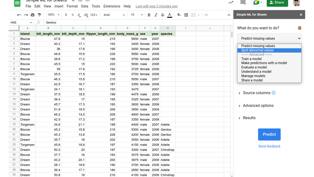 Machine learning per tutti con Simple ML for Sheets