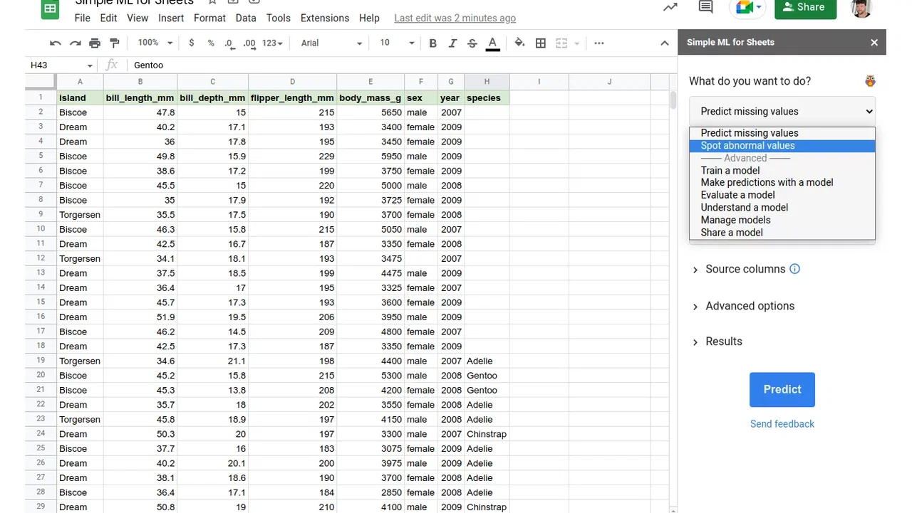 Machine learning per tutti con Simple ML for Sheets